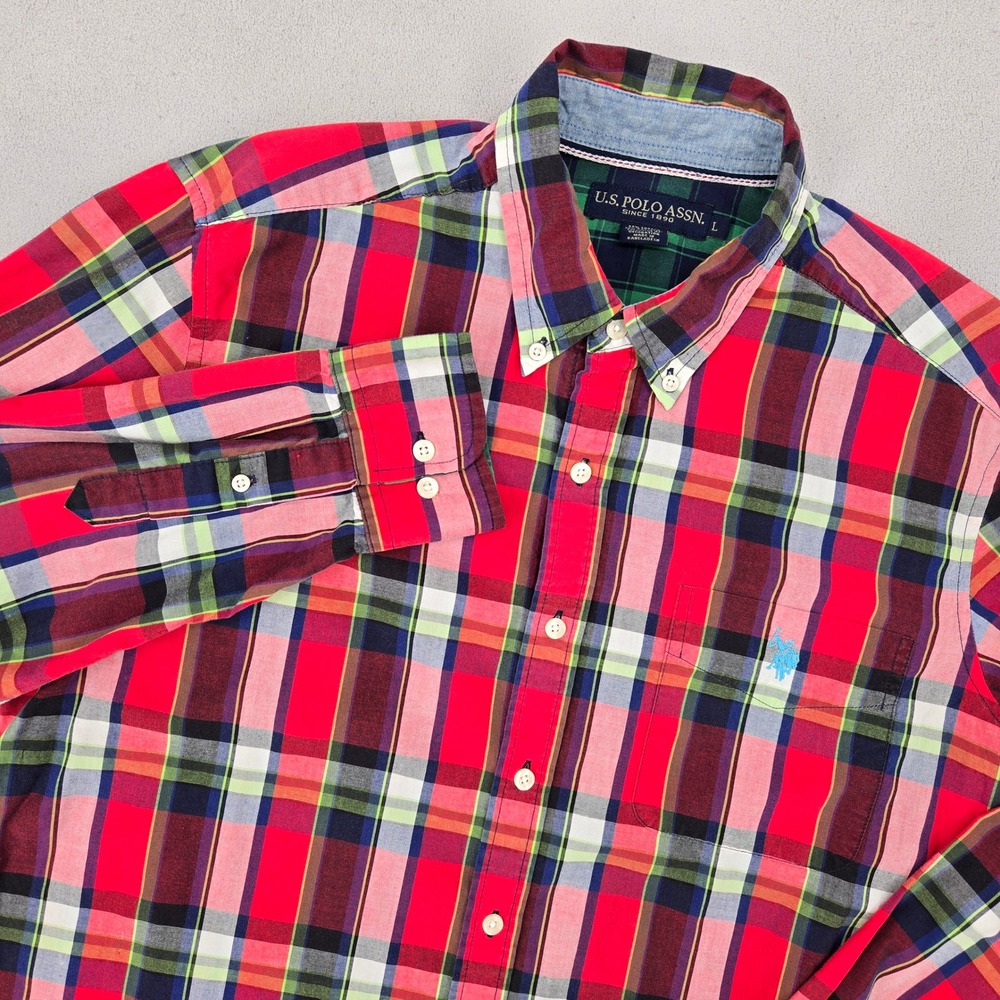 U.S. Polo Assn. Large Plaid Button Down Mens Red Multi Preppy Long Sleeve Shirt